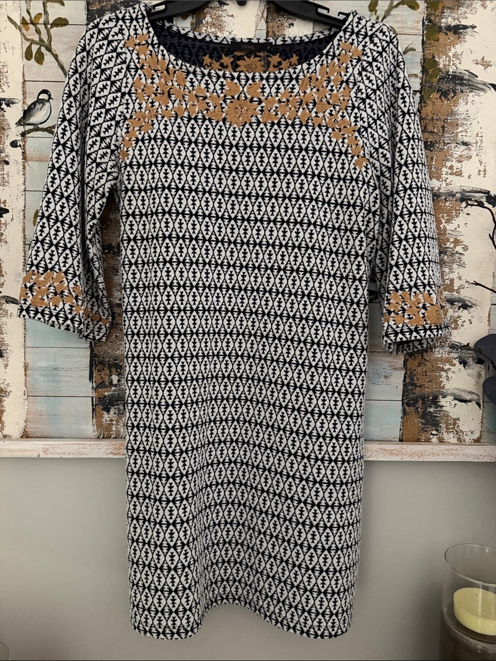 THML Navy and Cream Patterned Tunic with Gold Embroidery